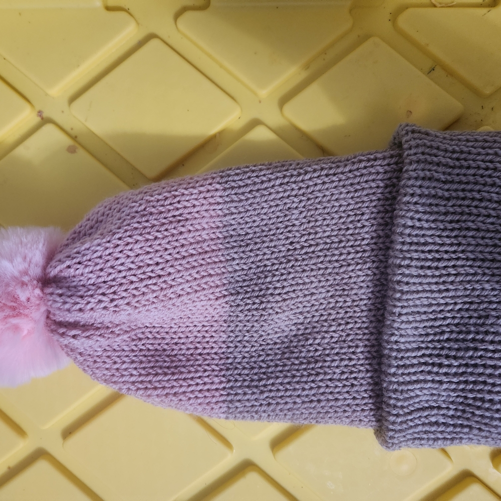 New! Hand Knitted Cozy Pink and Gray Kids Pom-Pom Hat